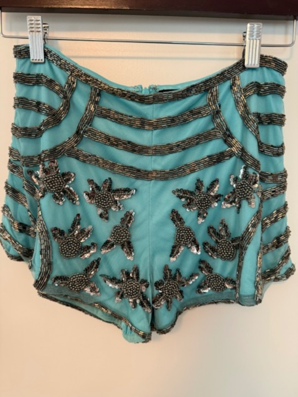 X by NBD Theresa Beaded & Sequin High-Waisted Shorts in Pewter & Mint